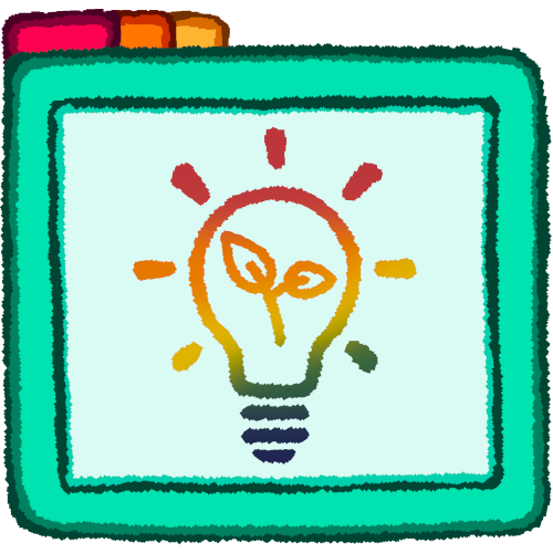 A bright teal folder with a rainbow lightbulb outline in the middle. The lightbulb has leaves in the middle and bars to show it illuminating.